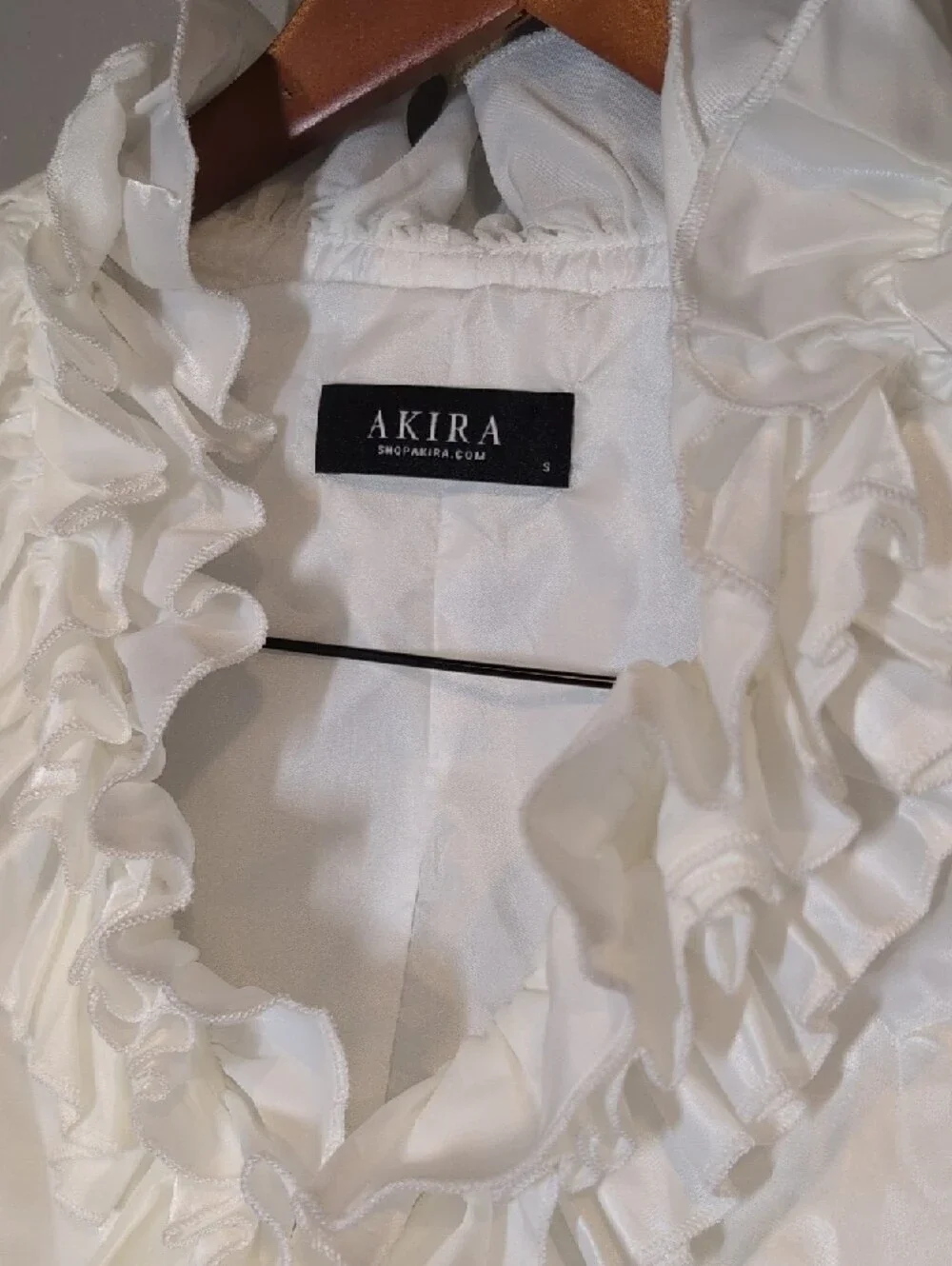AKIRA Bridal Wedding Whimsical Cream Ruffle Satin Peplum Blouse - Picture 2 of 7